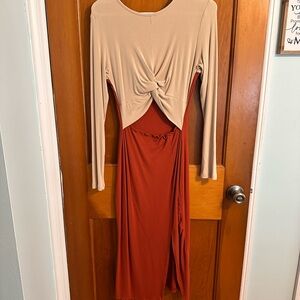 Elegant Tan and Rust Knot-Front Dress